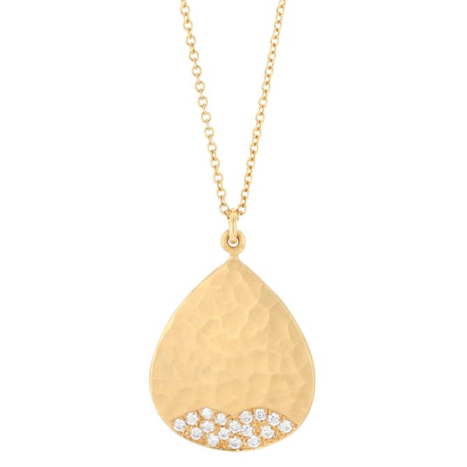 Marika Yellow Gold Hammered Teardrop Pendant with Diamond Pave, 18"