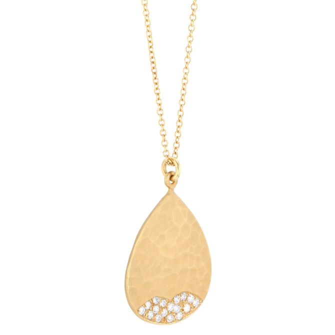 Marika Yellow Gold Hammered Teardrop Pendant with Diamond Pave, 18"
