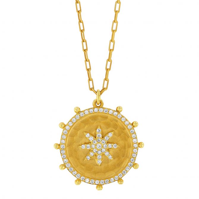 Marika Diamond Starburst Medallion Pendant in Yellow Gold, 18"