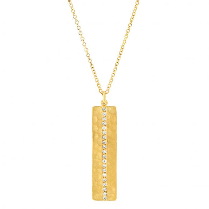 Marika Diamond Column Vertical Bar Necklace in Hammered Yellow Gold, 18"