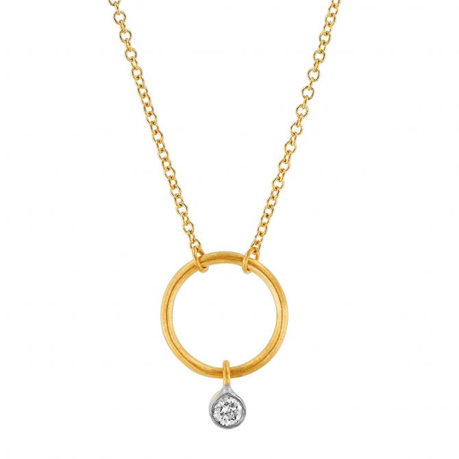 Marika Diamond Bezel Set Drop & Open Circle Pendant in Yellow Gold, 18"