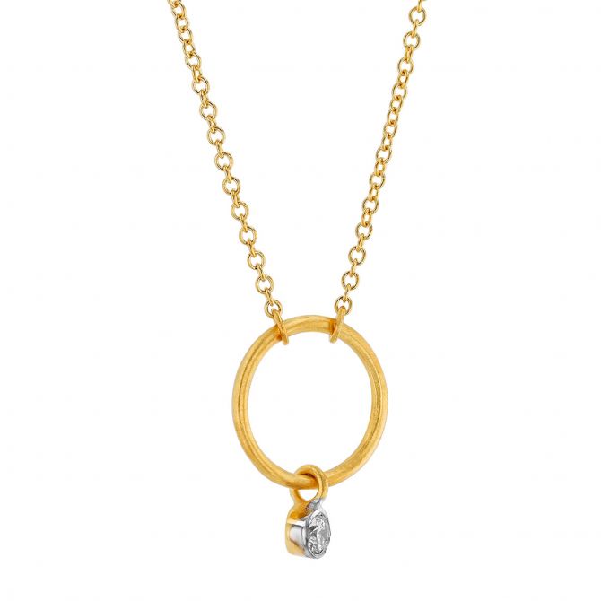 Marika Diamond Bezel Set Drop & Open Circle Pendant in Yellow Gold