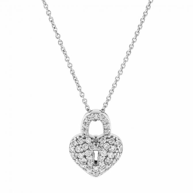 Roberto Coin Diamond Pavé Heart Lock Pendant in White Gold, 18"