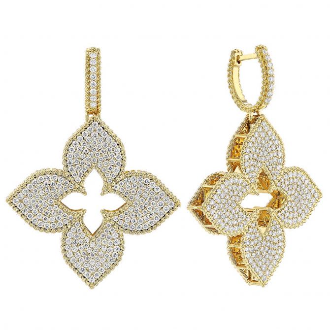 Roberto Coin Venetian Princess Large Flower Diamond Pave Drop Earrings in Yellow Gold 7773338AYERX Borsheims