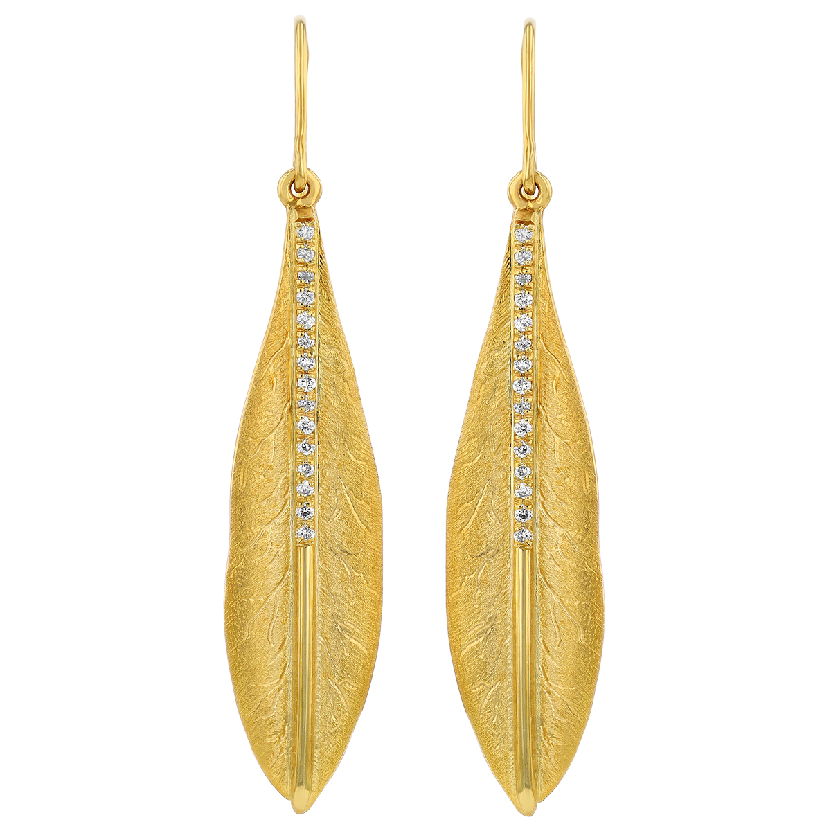 Marika Diamond Feather Dangle Earrings in Yellow Gold