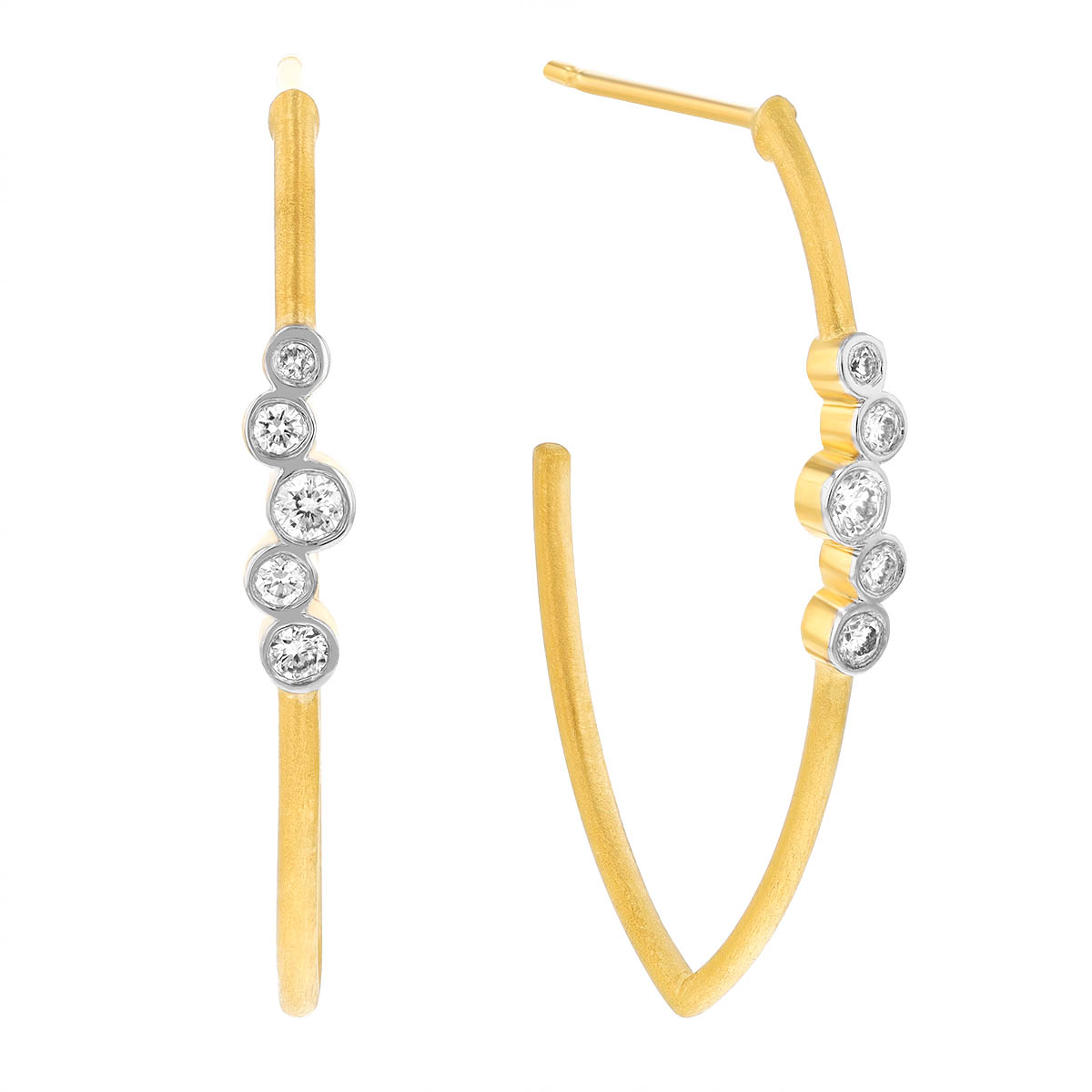 Marika Diamond Scattered Bezel Set Marquise Shaped Hoop Earrings in Yellow Gold
