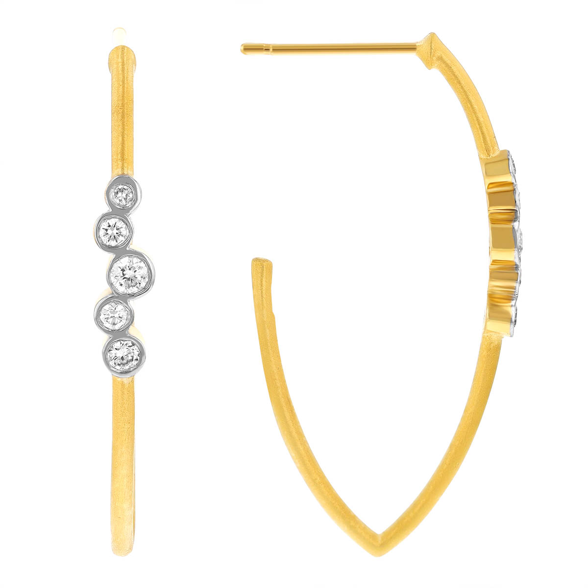 Marika Diamond Scattered Bezel Set Marquise Shaped Hoop Earrings in Yellow Gold