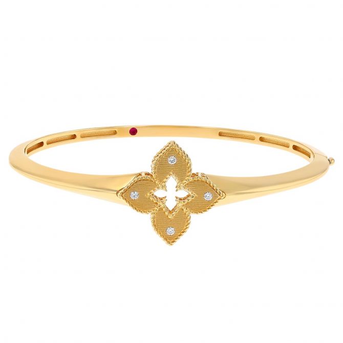 Roberto Coin Venetian Princess Flower Bangle Bracelet with Diamond Accents in Yellow Gold