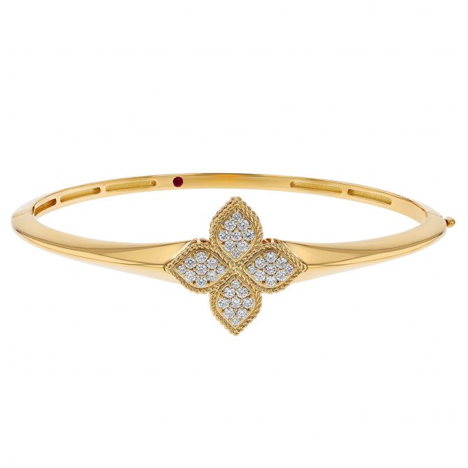 Roberto Coin Princess Flower Diamond Pavé Bangle Bracelet in Yellow Gold