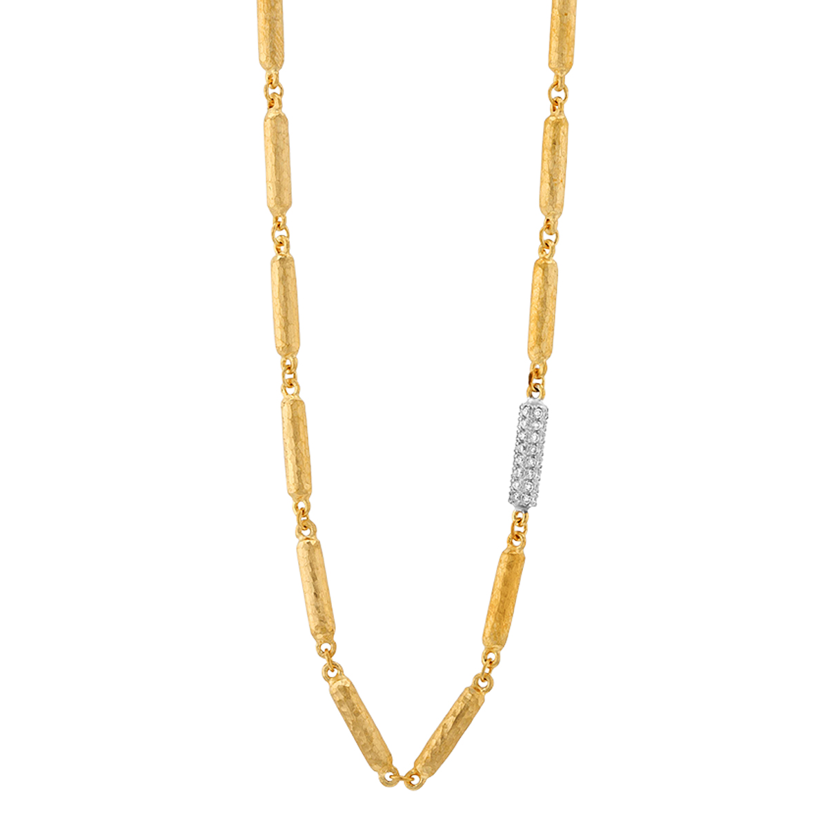 Marika Yellow Gold Tube Bead Necklace with Diamond Pave, 18