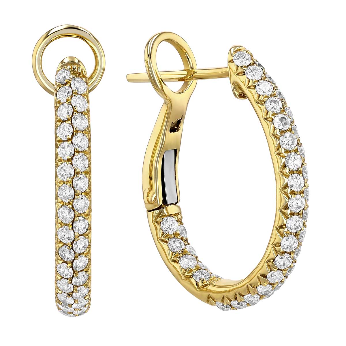 Diamond Inside Out Double Row J-Hoop Earrings in Yellow Gold, 0.64 cttw