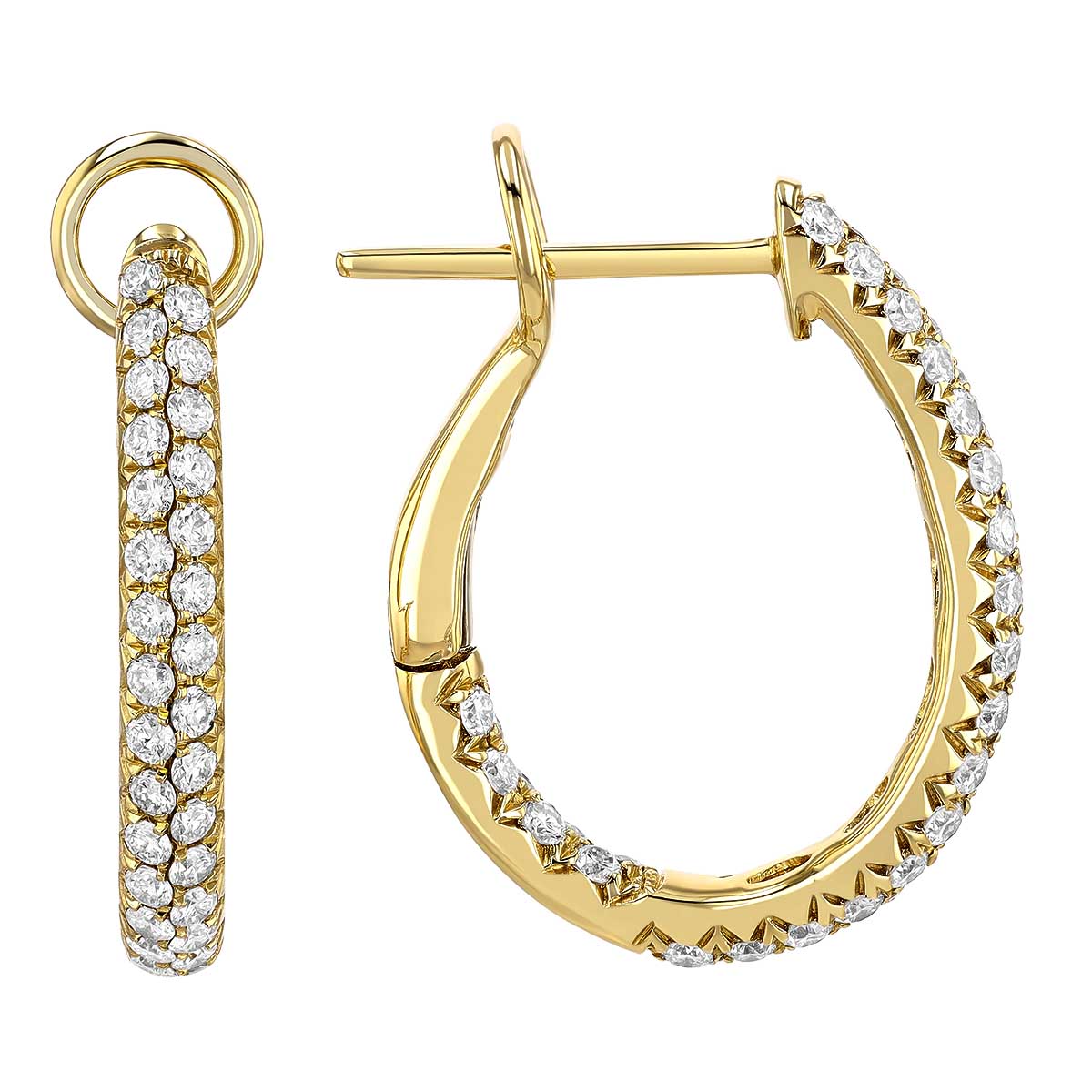 Diamond Inside Out Double Row J-Hoop Earrings in Yellow Gold, 0.64 cttw