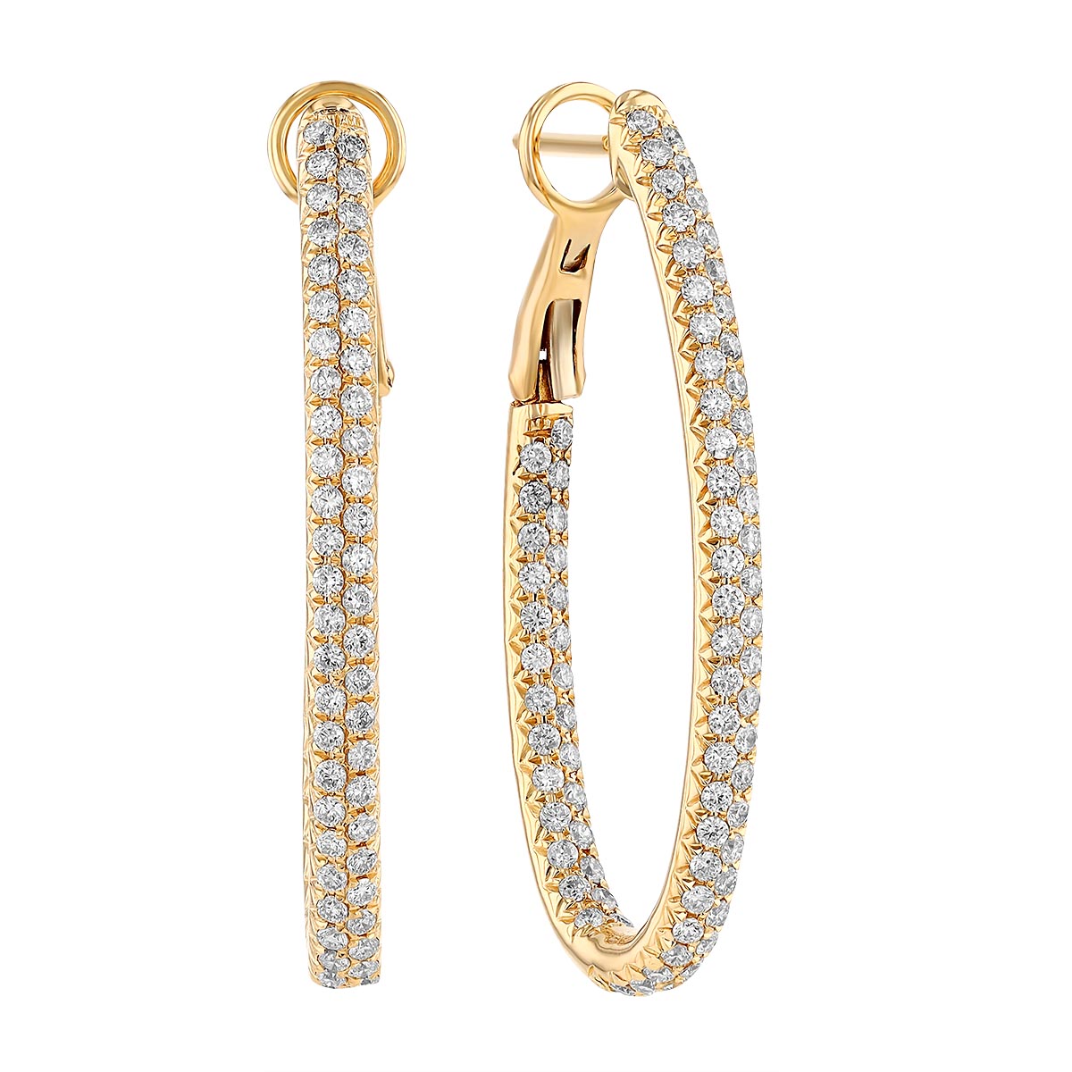 Diamond 2 Row Inside Out Hoop Earrings in Yellow Gold, 1.45 cttw