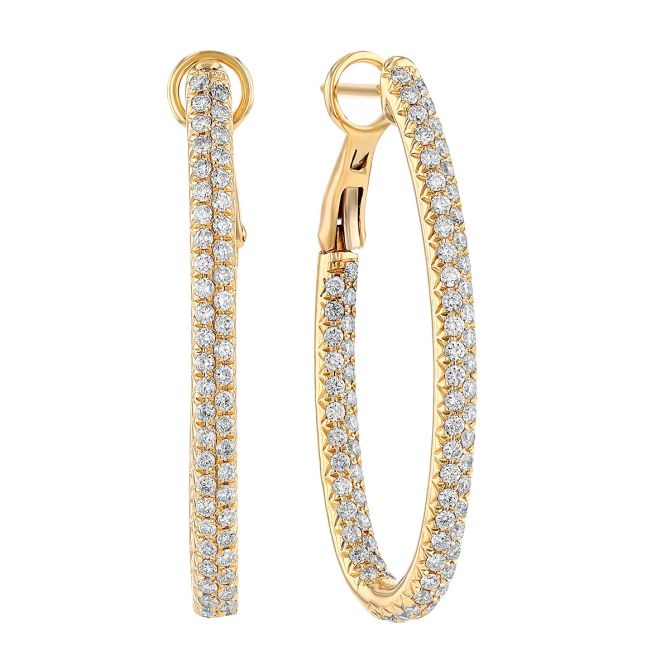 Diamond 2 Row Inside Out Hoop Earrings in Yellow Gold, 1.45 cttw