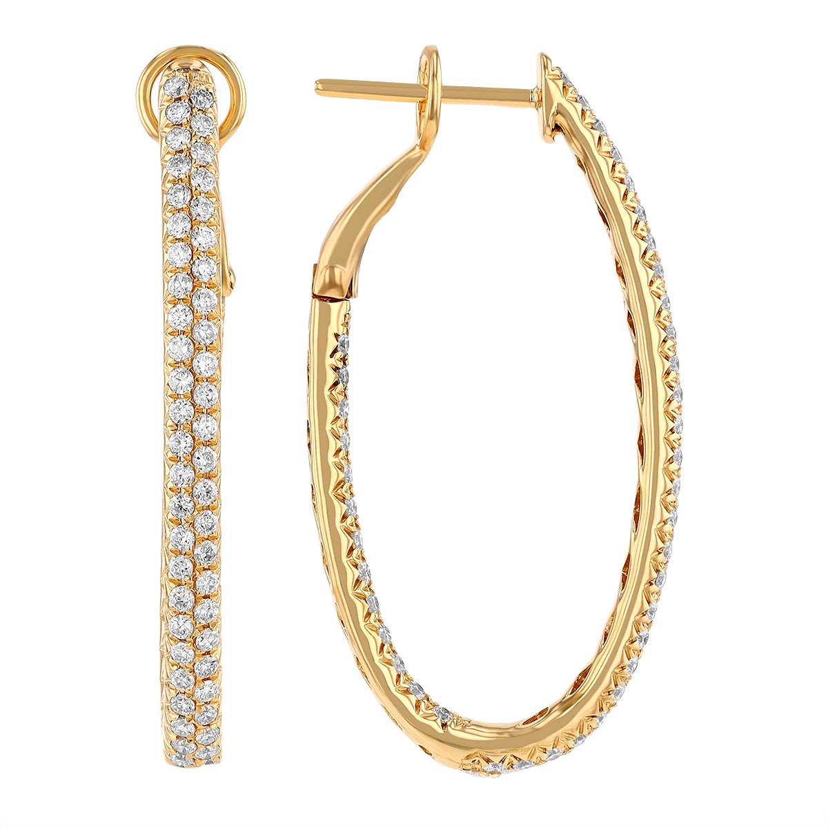 Diamond 2 Row Inside Out Hoop Earrings in Yellow Gold, 1.45 cttw