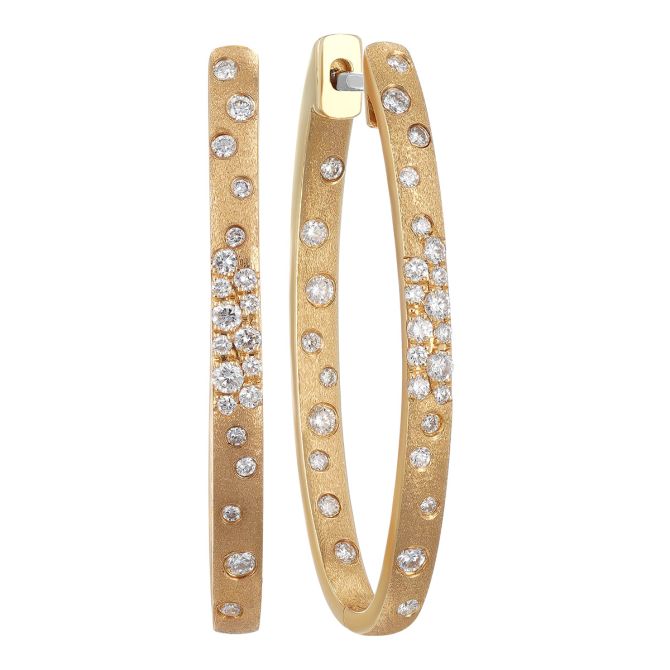 Flush Set Scattered Diamond In & Out Oval Hoop Earrings in Yellow Gold