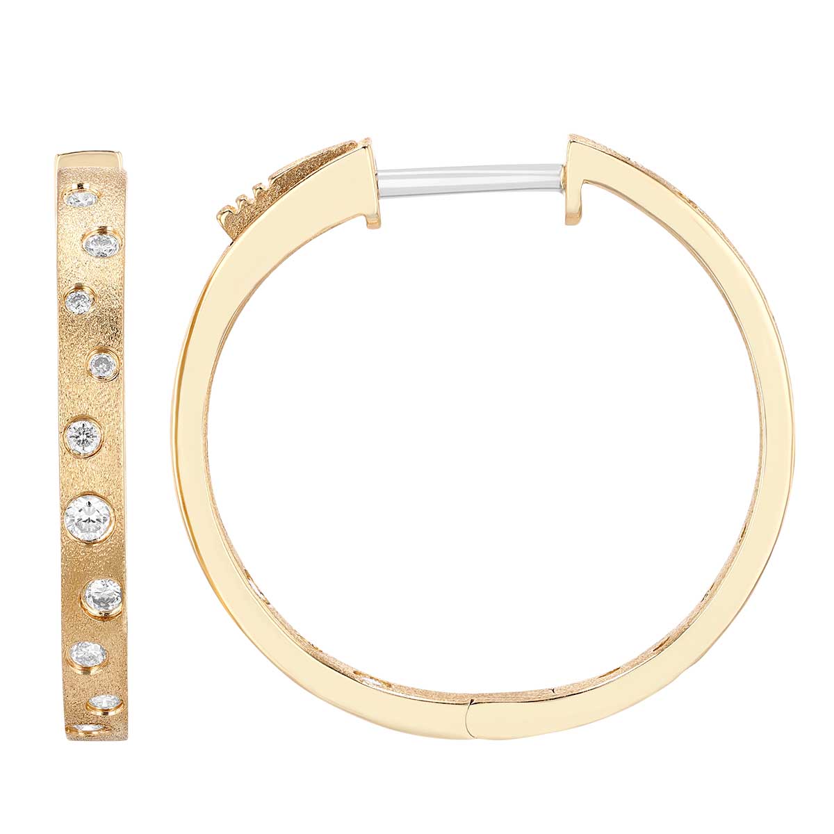 Flush Set Scattered Diamond Inside Out Hoop Earrings in Yellow Gold