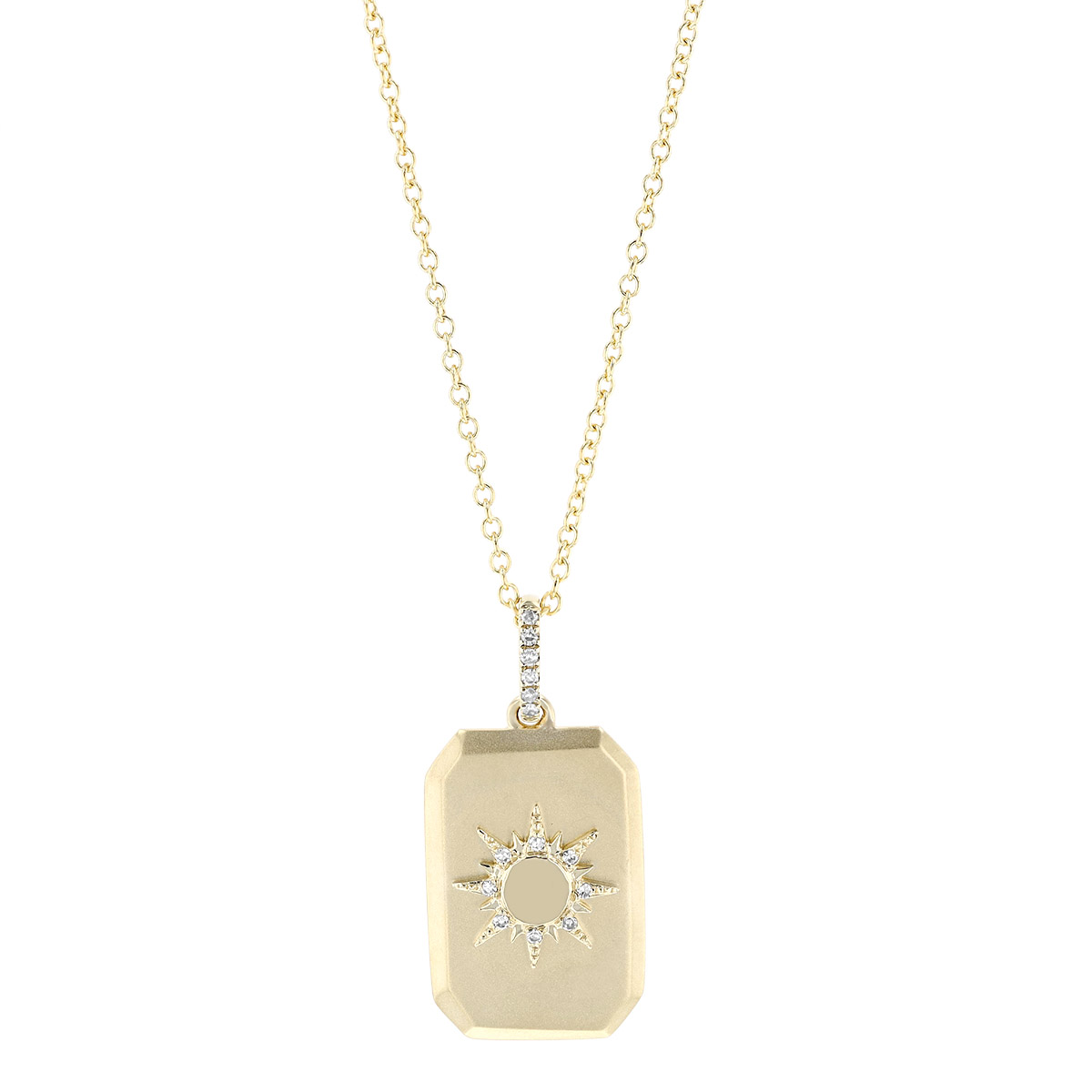 Diamond Sunburst Rectangle Tag Pendant in Yellow Gold, 16