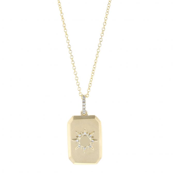 Diamond Sunburst Rectangle Tag Pendant in Yellow Gold, 16"