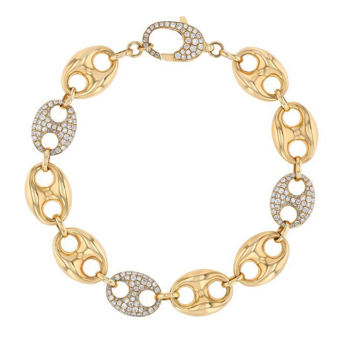 Diamond Pavé Station Puff Mariner Chain Bracelet in Yellow Gold, 7.5"
