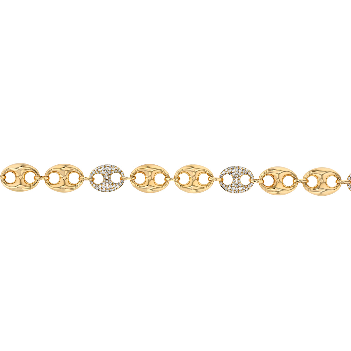 Diamond Pavé Station Puff Mariner Chain Bracelet in Yellow Gold, 7.5