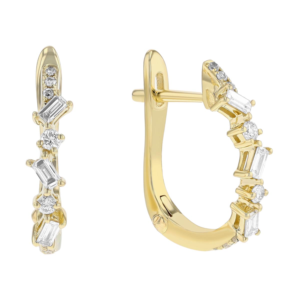 Mixed Shape Diamond J Hoop Earrings in Yellow Gold