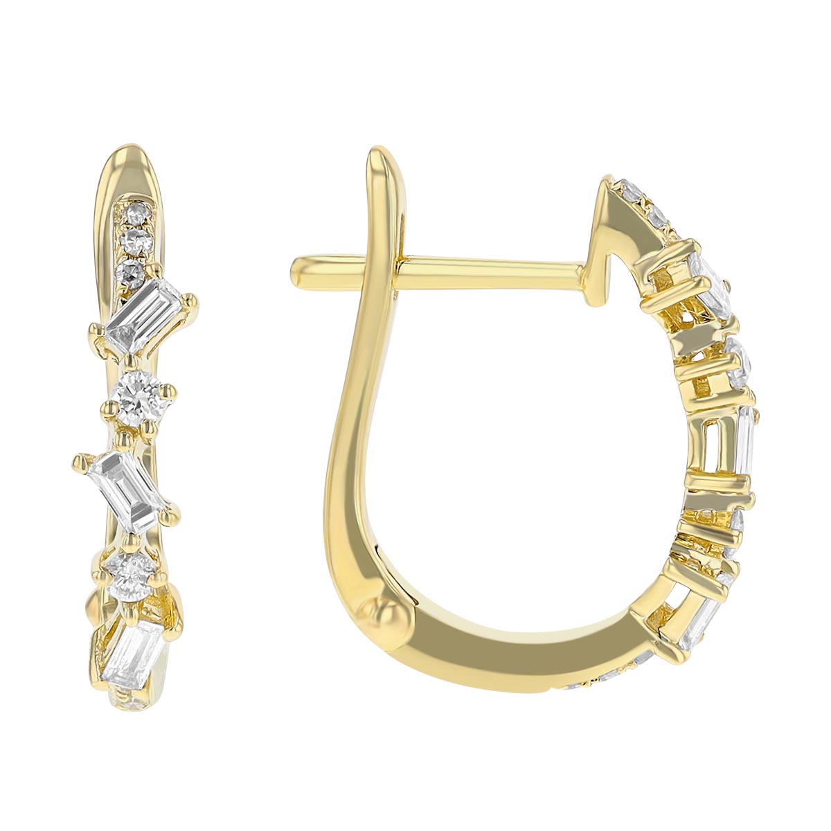 Mixed Shape Diamond J Hoop Earrings in Yellow Gold