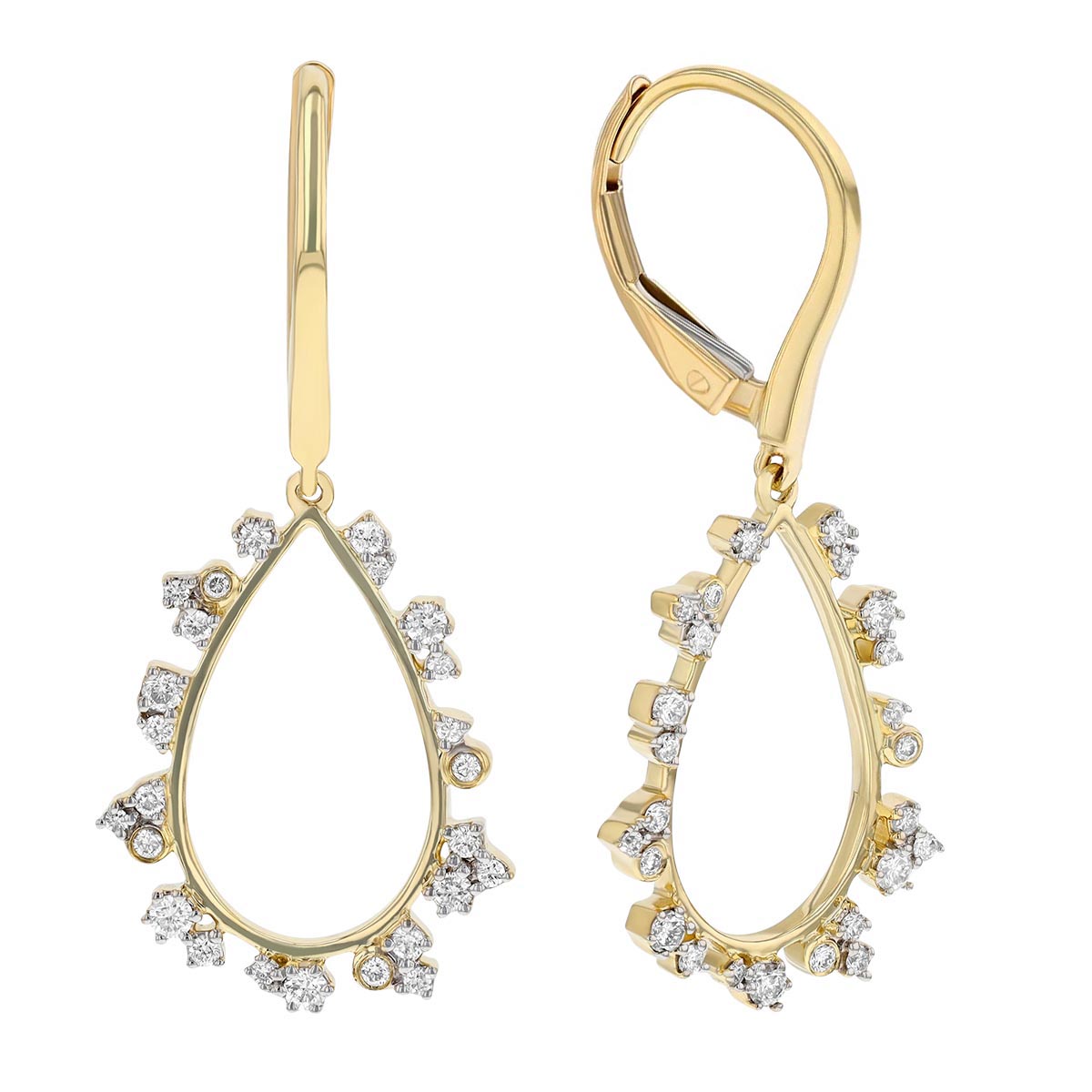 Diamond Cluster Outline Teardrop Shaped Dangle Earrings in Yellow Gold