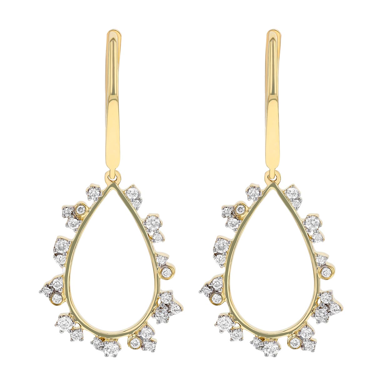 Diamond Cluster Outline Teardrop Shaped Dangle Earrings in Yellow Gold