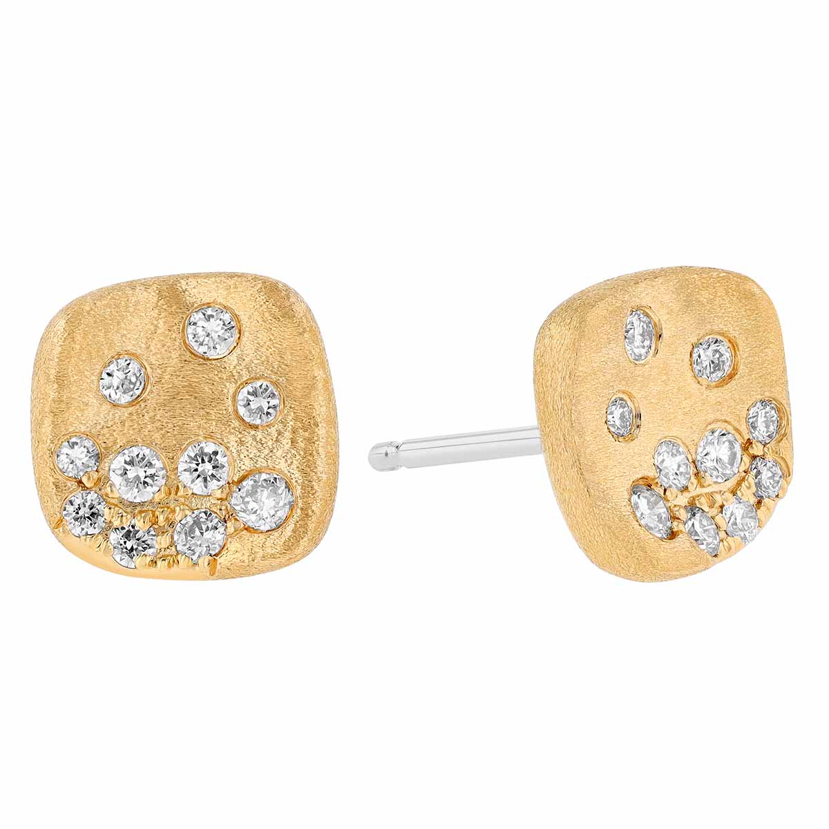 Flush Set Scattered Diamond Square Stud Earrings in Yellow Gold