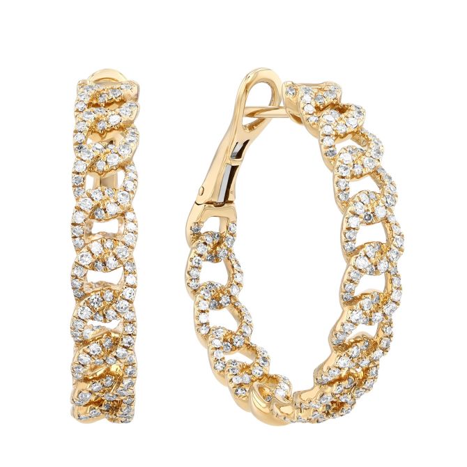 Diamond Pavé Curb Chain In & Out Hoop Earrings in Yellow Gold