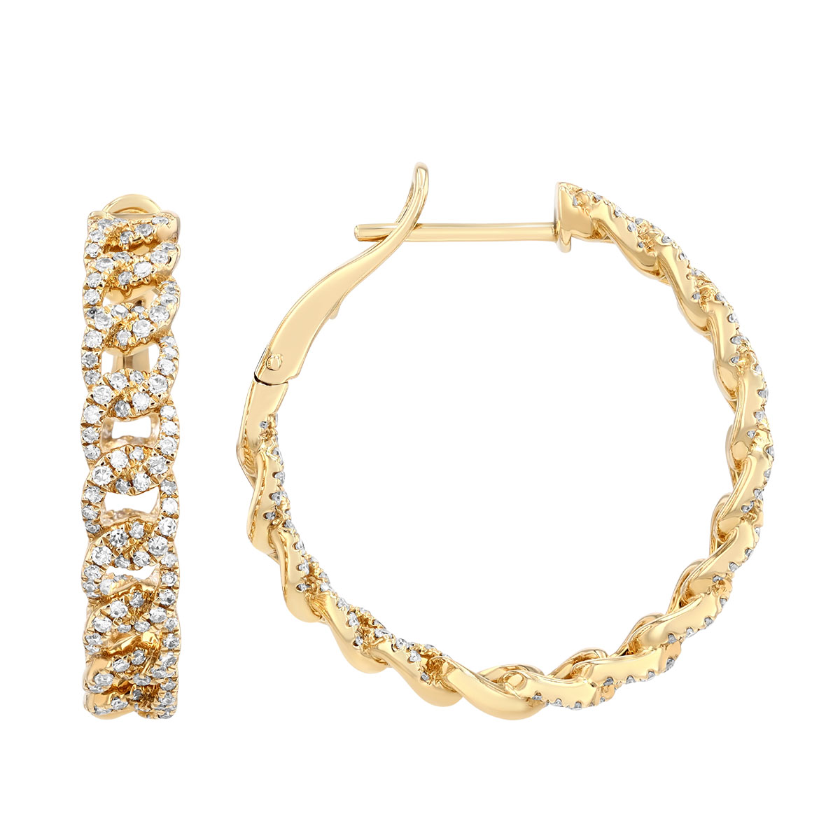 Diamond Pavé Curb Chain In & Out Hoop Earrings in Yellow Gold