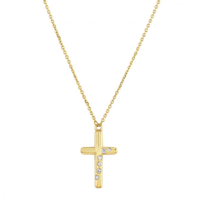 Yellow Gold & Scattered Diamond Cross Necklace, 18"