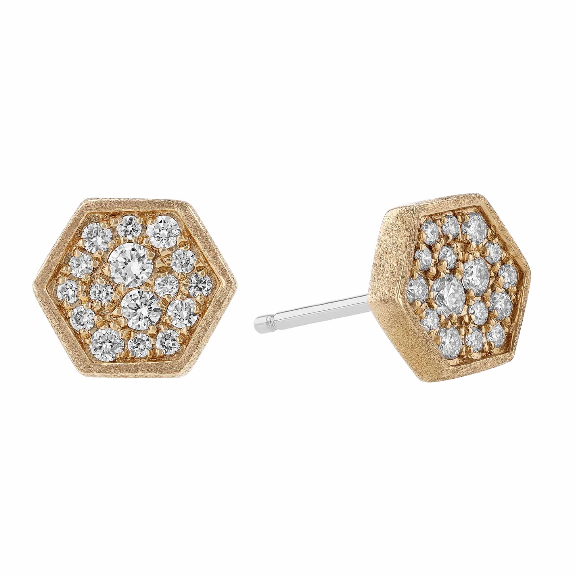 Diamond Pavé Cluster Hexagon Shaped Stud Earrings in Yellow Gold