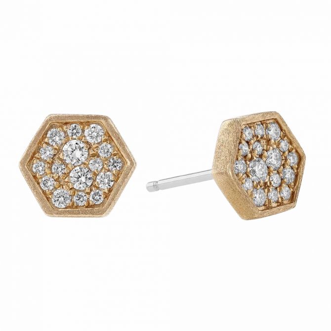 Diamond Pavé Cluster Hexagon Shaped Stud Earrings in Yellow Gold
