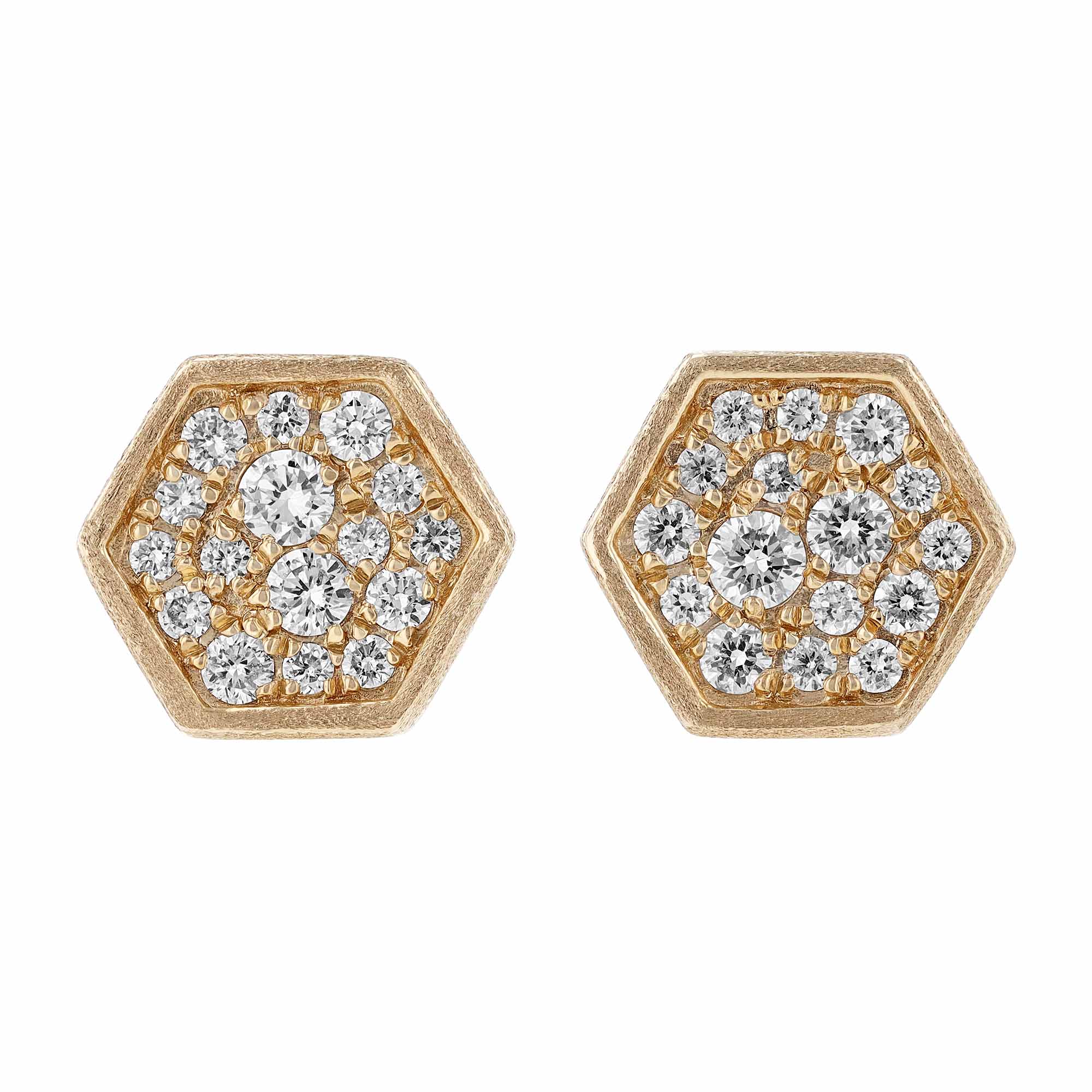 Diamond Pavé Cluster Hexagon Shaped Stud Earrings in Yellow Gold