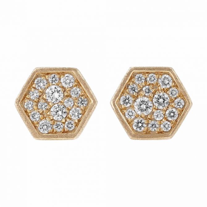 Diamond Pavé Cluster Hexagon Shaped Stud Earrings in Yellow Gold