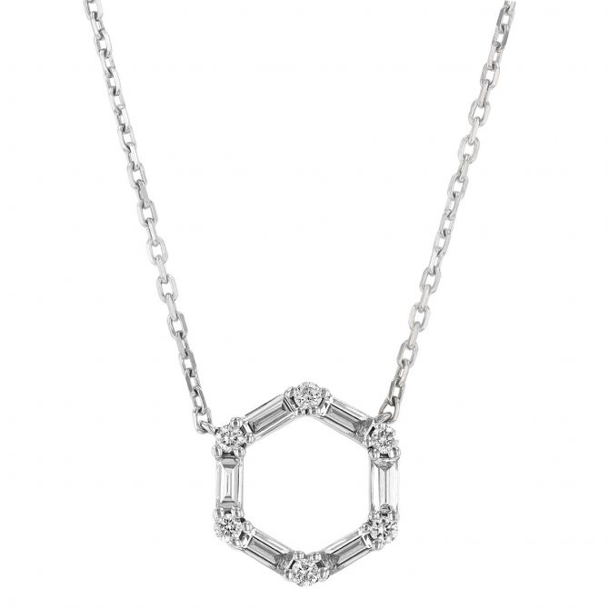 Frederic Sage Round & Baguette Diamond Hexagon Pendant in White Gold, 18"
