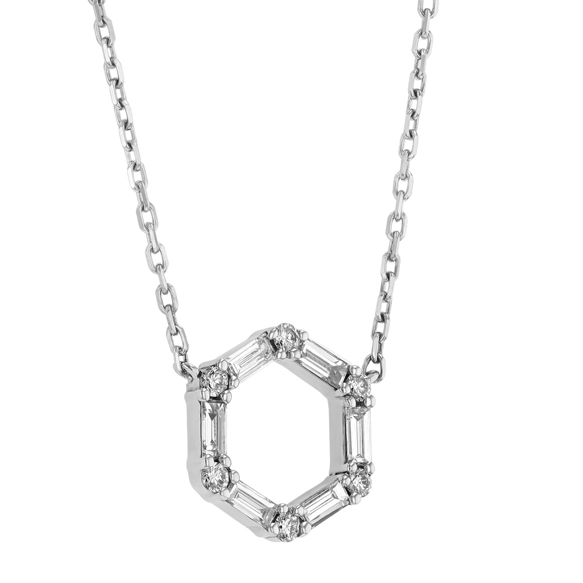 Frederic Sage Round & Baguette Diamond Hexagon Pendant in White Gold, 18