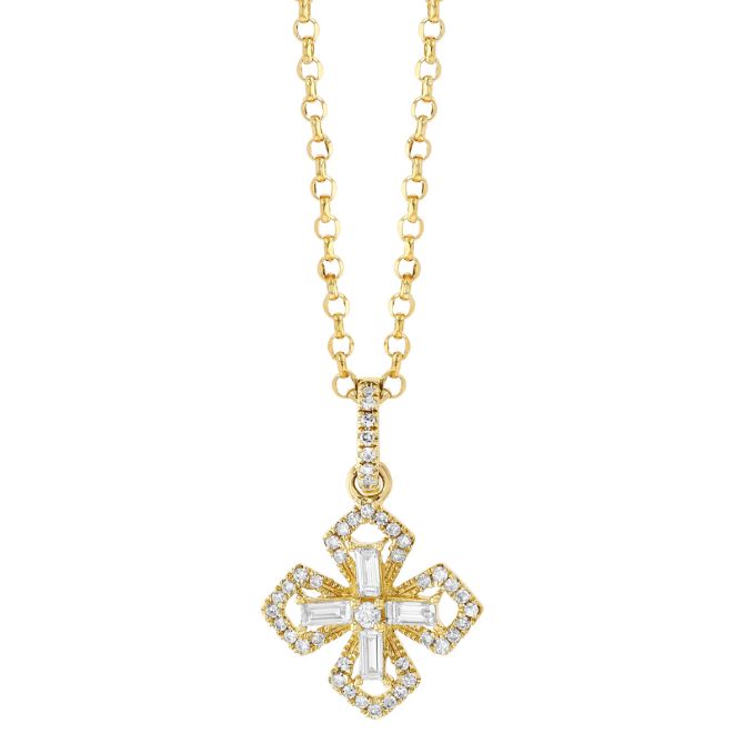 Mixed Diamond Shape Flared Cross Pendant in Yellow Gold, 18"