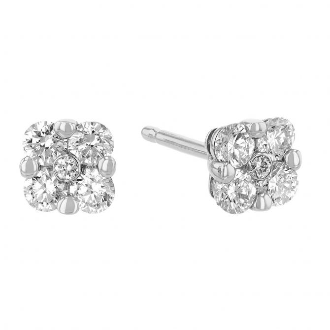 Diamond Cluster Prong & Bezel Set Stud Earrings in White Gold, 0.56 cttw