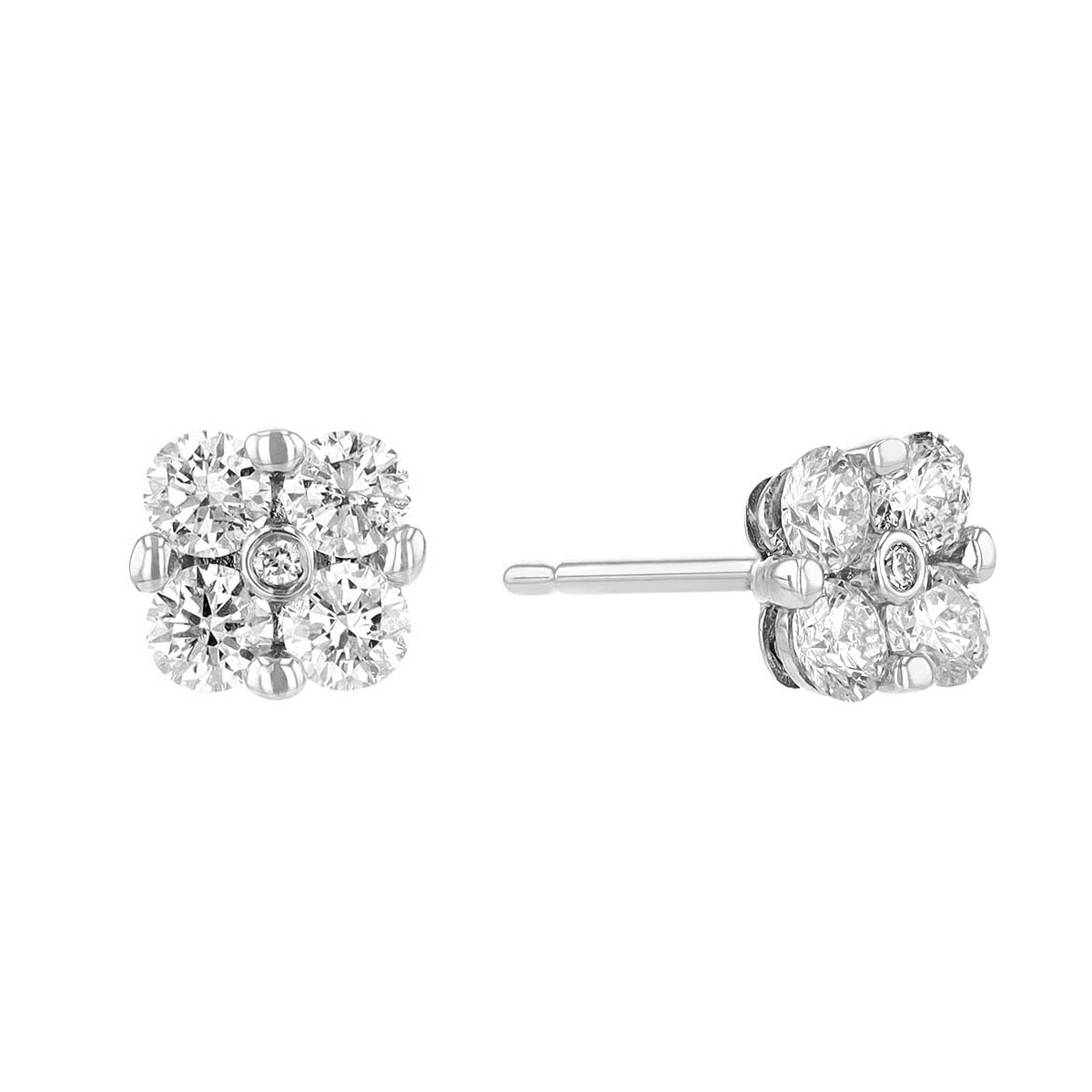 Diamond Cluster Prong & Bezel Set Stud Earrings in White Gold, 0.87 aptw