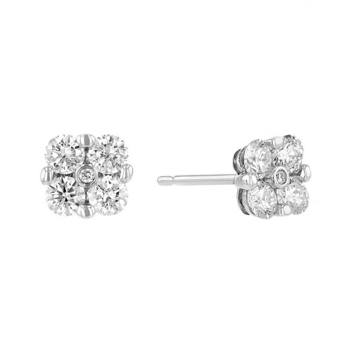 Diamond Cluster Prong & Bezel Set Stud Earrings in White Gold, 0.87 aptw