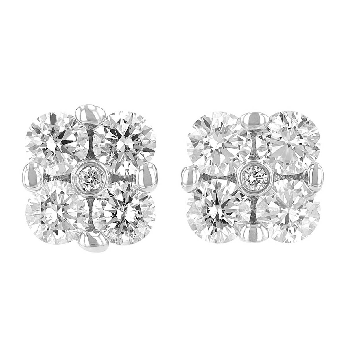 Diamond Cluster Prong & Bezel Set Stud Earrings in White Gold, 0.87 aptw