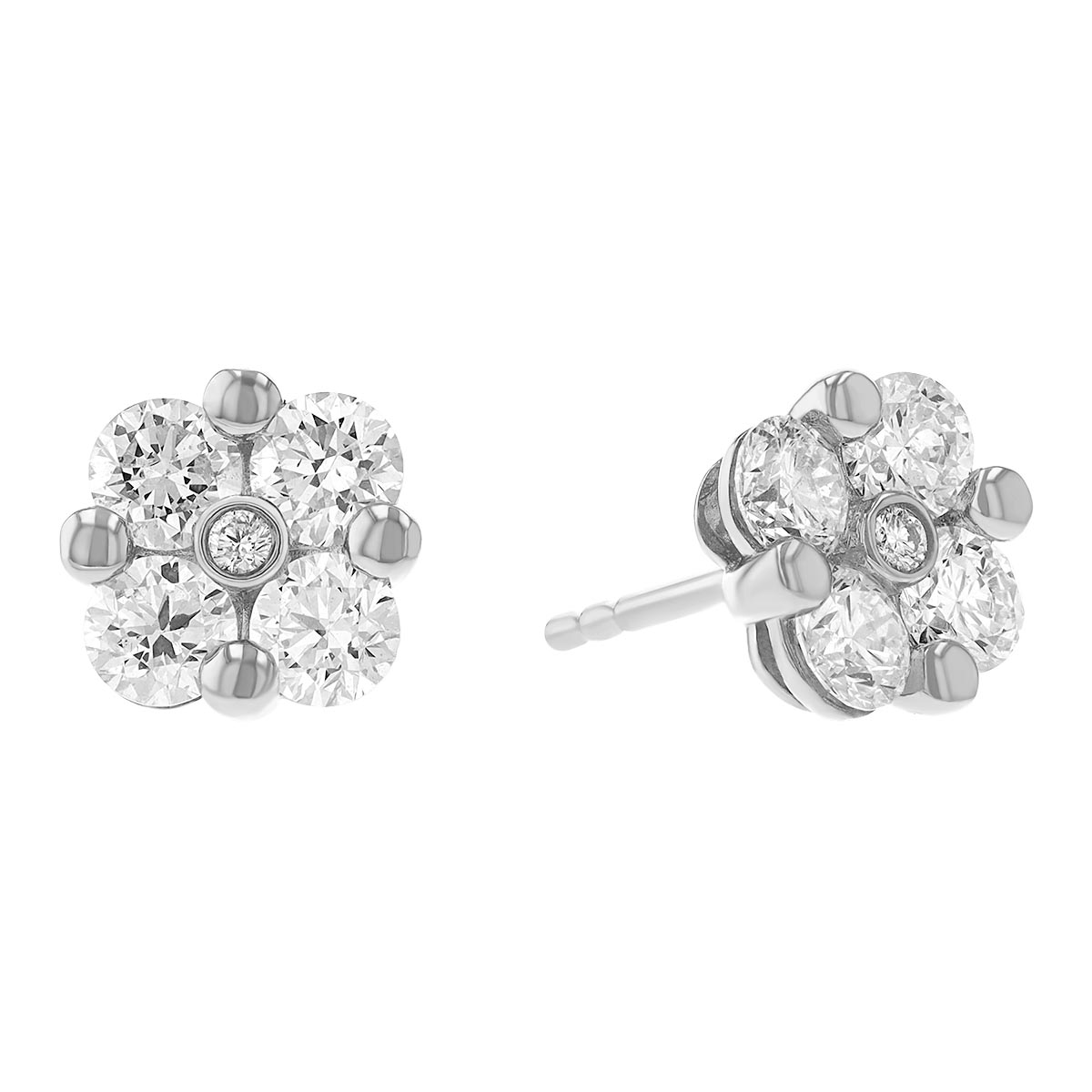 Diamond Cluster Prong & Bezel Set Stud Earrings in White Gold, 1.55 cttw