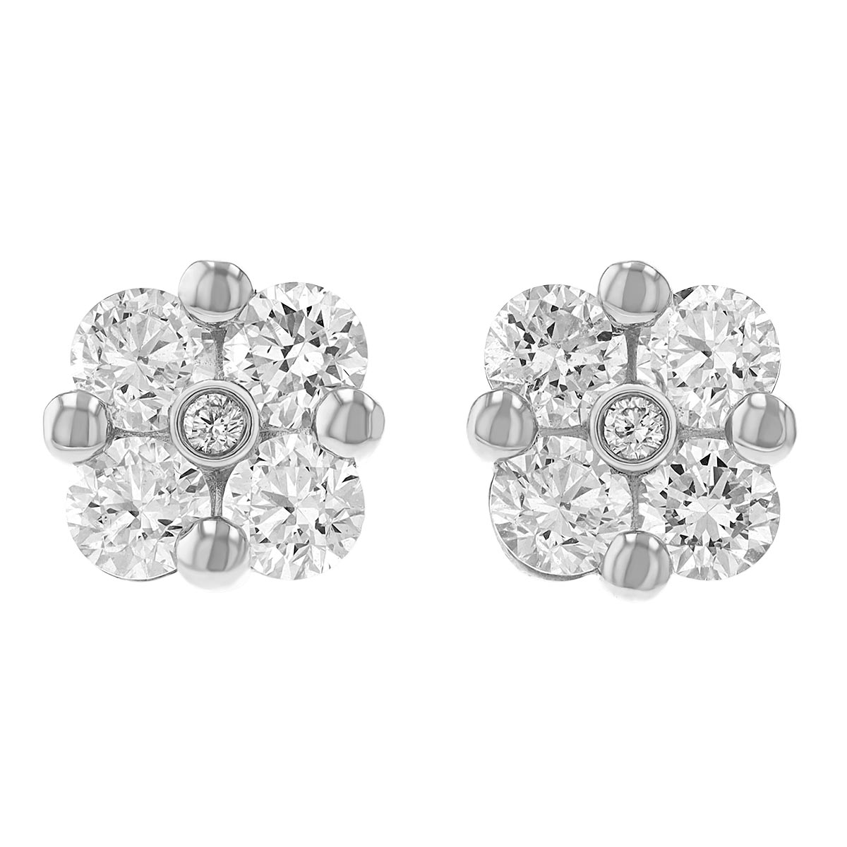 Diamond Cluster Prong & Bezel Set Stud Earrings in White Gold, 1.55 cttw