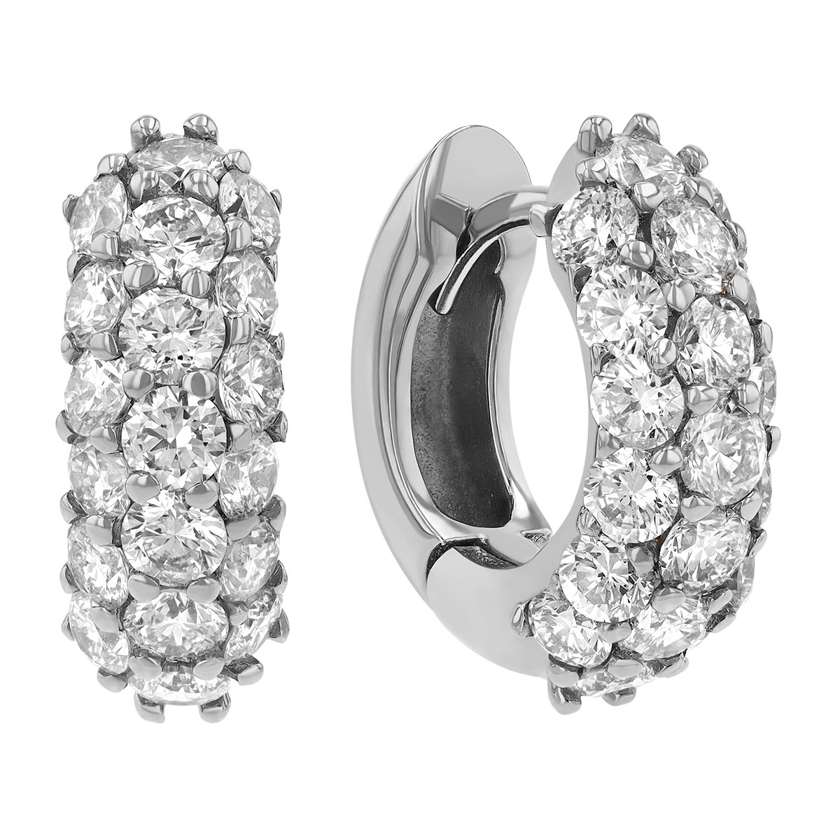 Diamond 3 Row Huggie Hoop Earrings in White Gold, 1.90 aptw Borsheims