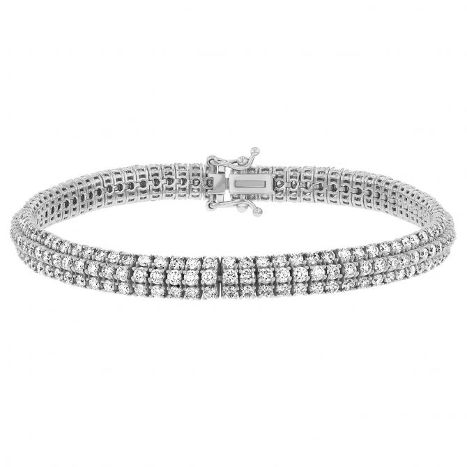Diamond 3 Row Rounded Tennis Bracelet in White Gold, 5.40 aptw, 7"