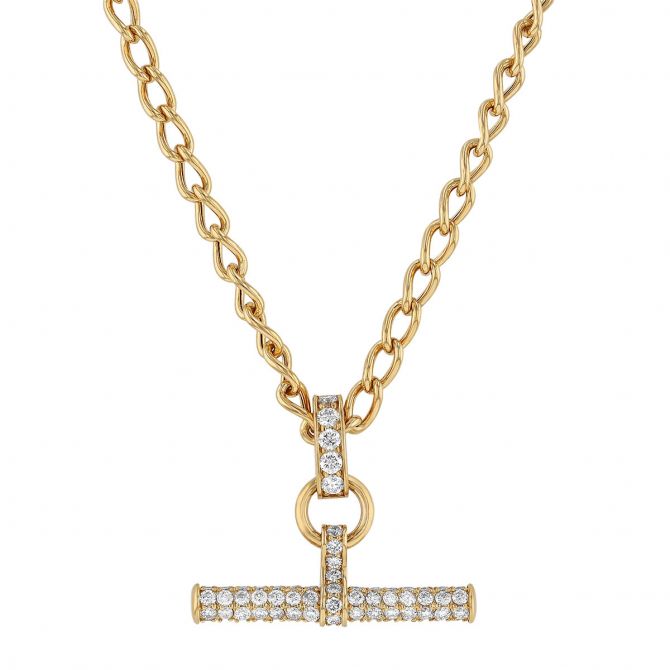 Diamond Round Bar & Link Pendant in Yellow Gold, 16.5"