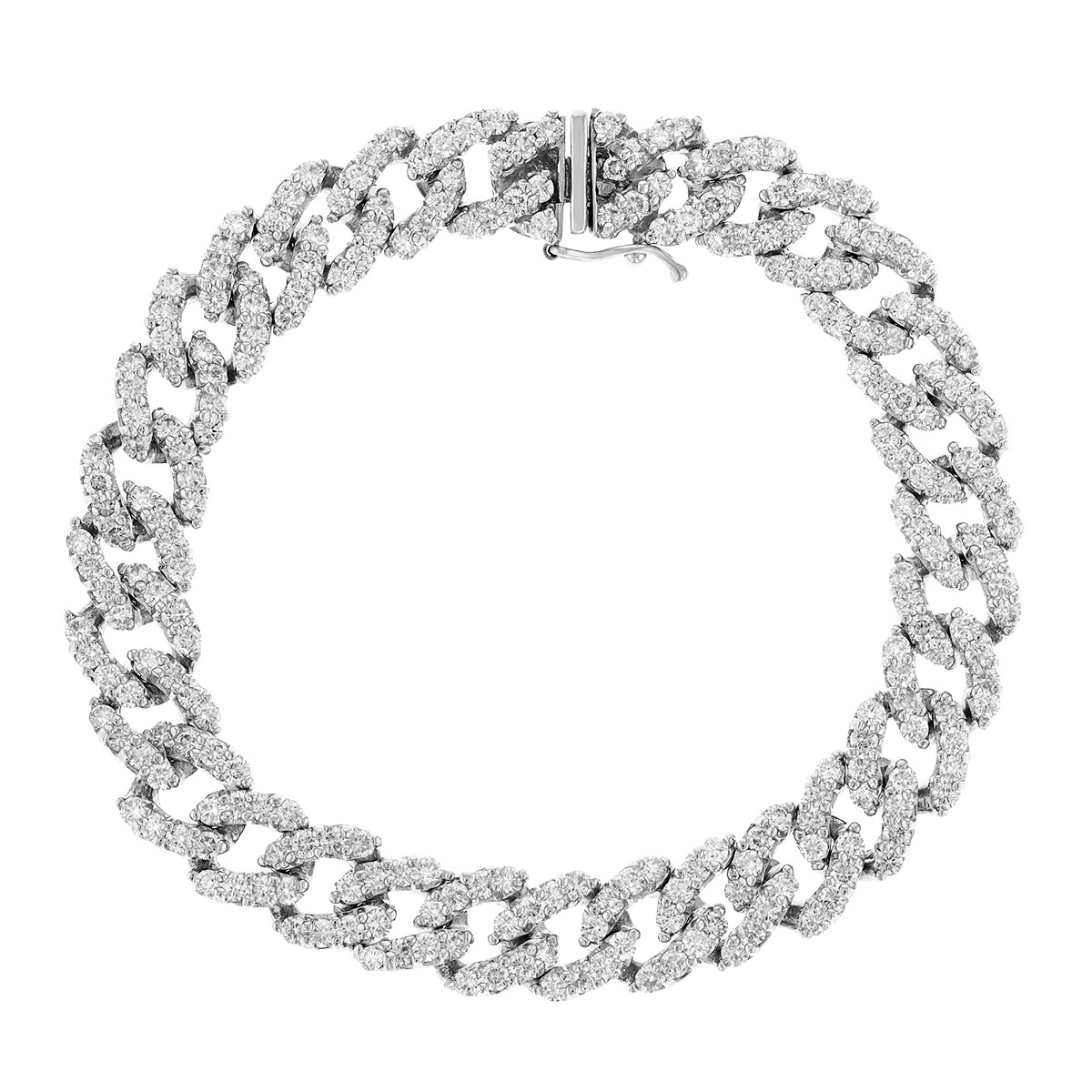 Diamond Pave Curb Link Chain Bracelet in White Gold, 7.30 aptw, 7